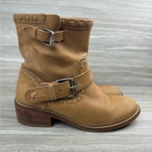 Anthropologie Musse & Cloud Anzel Arhro Tan Leather Mid Cowboy Moto Boots Size 7